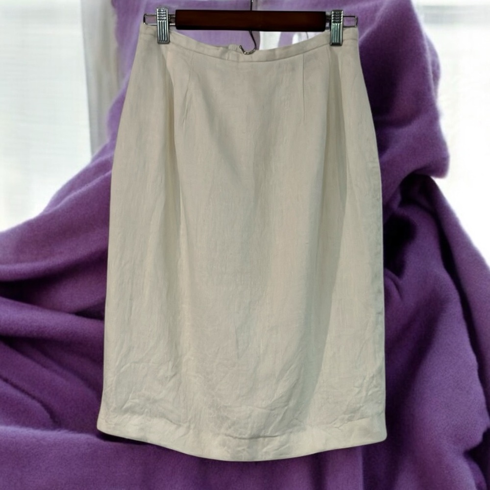 VINTAGE HARVE BENARD LINEN SKIRT WITH BLIND LEOPARD PRINT WHITE SIZE 8